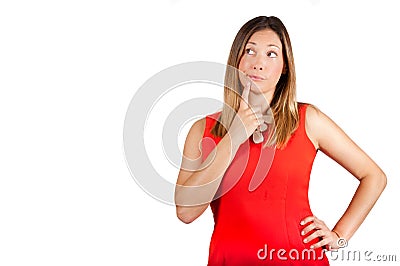 Doubt thinking female decision expression. Woman with finger on lips Stock Photo