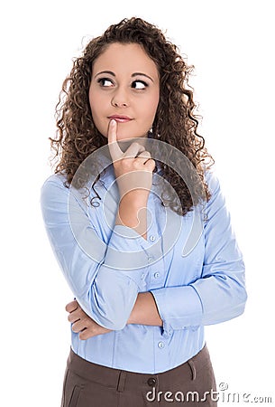 Doubtful and amused isolated young business woman looking sideways. Stock Photo