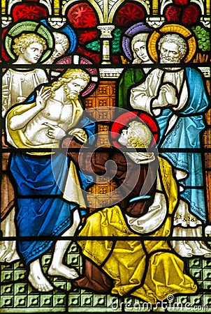 Doubting Thomas stained glass window Stock Photo