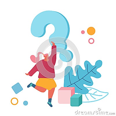 Doubts and Confusion Concept. Female Character Stand Under Huge Question Mark Isolated on White Background Vector Illustration