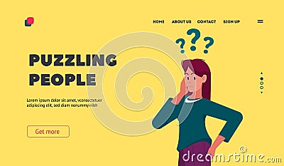 Doubts and Confusion Landing Page Template. Puzzling Female Character Stand Under Question Marks. Woman Thinking Vector Illustration