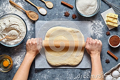 Dough bread, pizza or pie recipe homemade preparation. Female chef cook hands rolling with pin Stock Photo