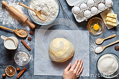 Dough mixing recipe bread, pizza or pie making ingridients, food flat lay Stock Photo