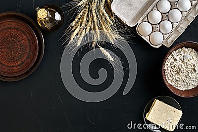 Dough preparation recipe bread, pizza or pie making ingredients, food flat lay on kitchen table background. Working with Stock Photo