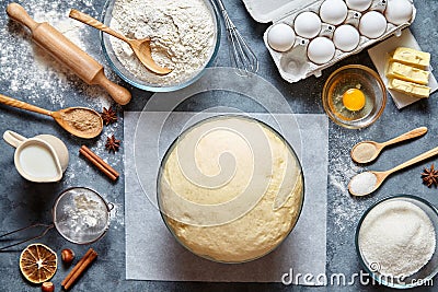 Dough preparation recipe bread, pizza or pie making ingridients, food flat lay on kitchen table Stock Photo