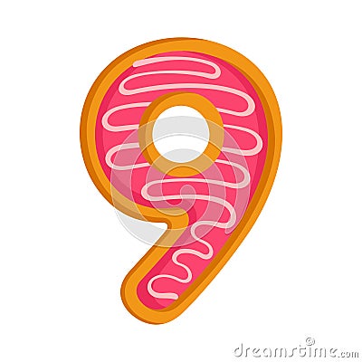 Doughnut cartoon number 9. Glazed pink donut digit nine. Vector Illustration