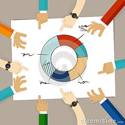 Doughnut circle chart hand drawing sketch analysis. team member together working discuss in a meeting hands pointing to Vector Illustration
