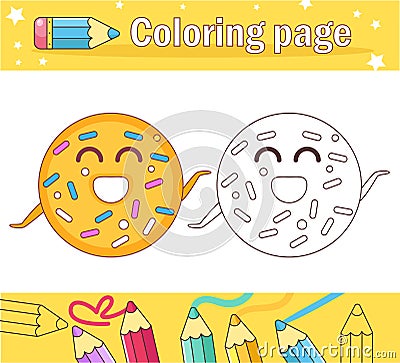 Doughnut Coloring page for kids Game for children Vector. Cartoon. Isolated art on white background. Flat Vector Illustration