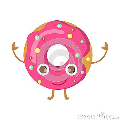 Doughnut with Pink Sprinkles Funny Happy Character Vector Illustration