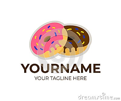 Doughnuts in glaze, donuts and delicious sugary dough rings, logo template. Sweet dessert, food and confectionery, vector design Vector Illustration