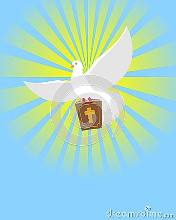 Dove and Bible. Holy Bible in its paws White pigeon. Background Vector Illustration