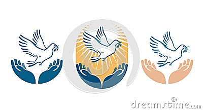 Dove bird carrying olive branch in beak as a peace symbol. Vector logo or icon Vector Illustration