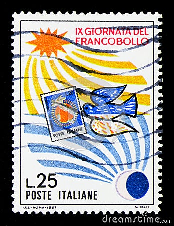 Dove carries a stamp, sun and moon, Stamp day serie, circa 1967 Editorial Stock Photo