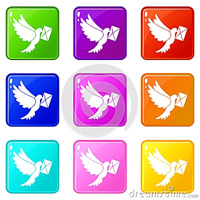 Dove carrying envelope icons 9 set Vector Illustration