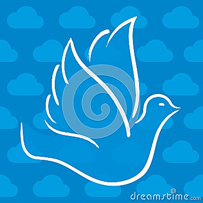Dove flying over cloudy sky in blue and white tones Cartoon Illustration
