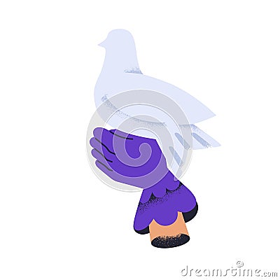 Dove in hands. Peaceful bird, holy pigeon with folded wings. Symbol of peace, hope, freedom, faith and belief. Humility Vector Illustration