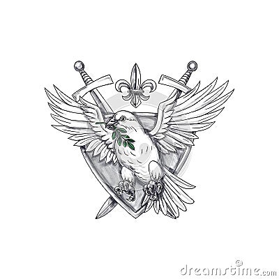 Dove Olive Leaf Sword Crest Tattoo Cartoon Illustration