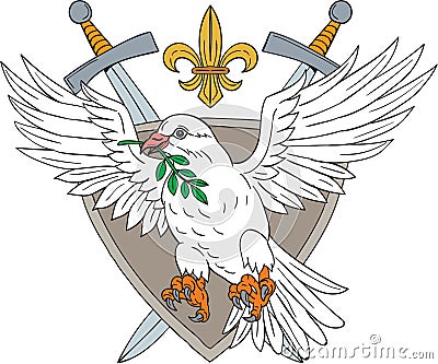 Dove Olive Leaf Sword Fleur De Lis Crest Drawing Vector Illustration