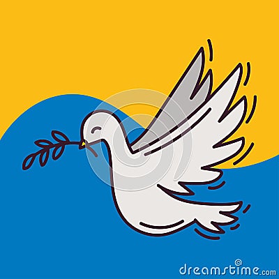 Dove of peace on the background of the Ukrainian flag. Ukraine and Russia military conflict. Vector Illustration