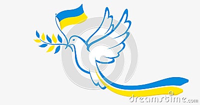 Dove of peace in blue color holding in its beak the flag of Ukraine and with the colors of Ukraine on its tail Vector Illustration