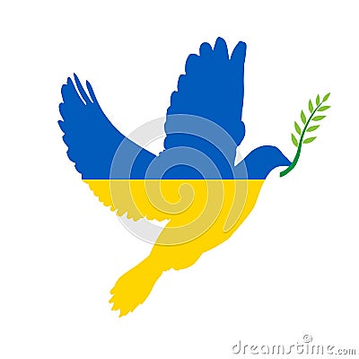 Dove of peace carrying an olive branch in its mouth. Ukraine colors Stock Photo