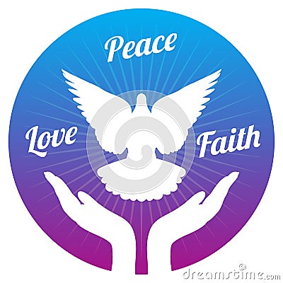 Dove peace flying from hands in sky. Love, freedom and religion faith vector concept Vector Illustration