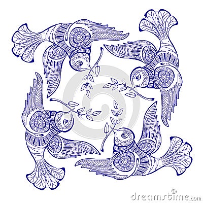 Dove of peace with olive branch. Outline Vector mandala. Vector Illustration
