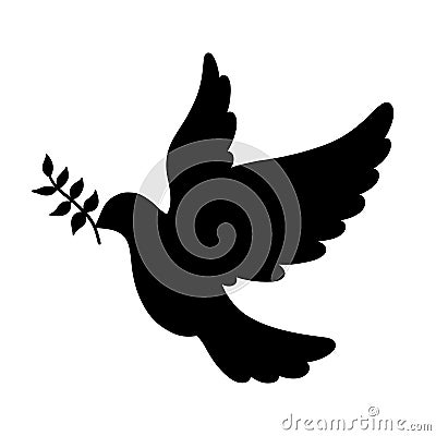 Dove of peace with olive brunch silhouette. Vector illustration isolated on white. Peace Day symbol Vector Illustration