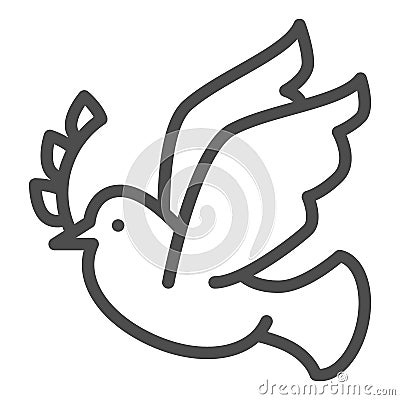 Dove with a wreath branch line icon. Pigeon carries an olive branch outline style pictogram on white background. Easter Vector Illustration