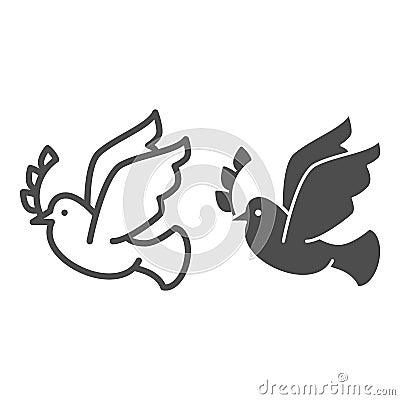 Dove with wreath branch line and solid icon. Pigeon carries an olive branch outline style pictogram on white background Vector Illustration