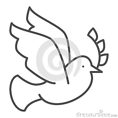 Dove with a wreath branch thin line icon. Pigeon carries an olive branch outline style pictogram on white background Vector Illustration