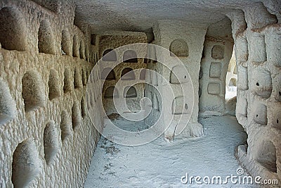 Dovecote inside, which is made in the ancient cave dwellings of people. Pigeon Valley, Cappadocia, Anatolia, Turkey Stock Photo