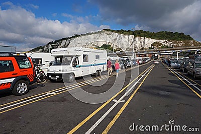 DOVER, KENT, ENGLAND, AUGUST 10 2016: Holidaymakers cars queuing to board the cross channel ferry to France Editorial Stock Photo