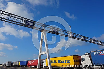 DOVER, KENT, ENGLAND, AUGUST 10 2016: Lorries, trucks and commercial vehicles queuing to board the cross channel ferry to France Editorial Stock Photo