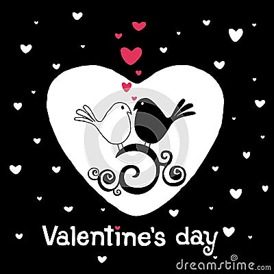 Valentines day postcard. Cute doves couple falling in love. Vector Illustration