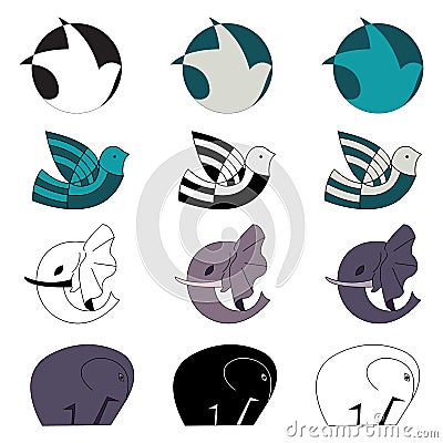 Doves and elephants emblem set Vector Illustration