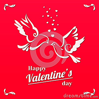 Doves with hearts isolated on red background Vector Illustration