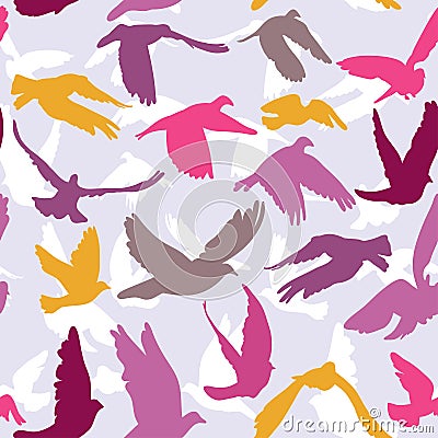 Doves and pigeons seamless pattern on lilak background for peace concept and wedding design. Vector Illustration