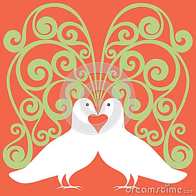 Doves white in love with red heart Vector Illustration