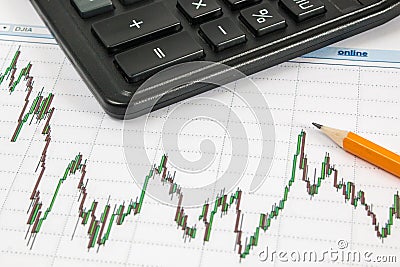 Dow Jones Business chart with calculator and pencil indicates the maximum Stock Photo