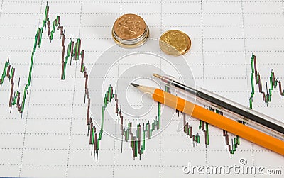 Dow Jones Business chart with paper clips, coins and pencil Stock Photo