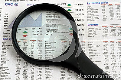 Stock quotes with a magnifying glass close up Editorial Stock Photo