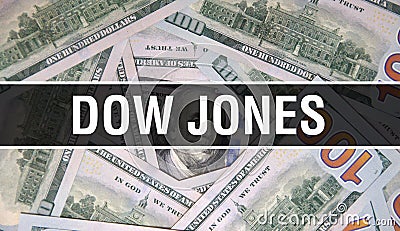 Dow Jones text Concept Closeup. American Dollars Cash Money,3D rendering. Dow Jones at Dollar Banknote. Financial USA money Stock Photo