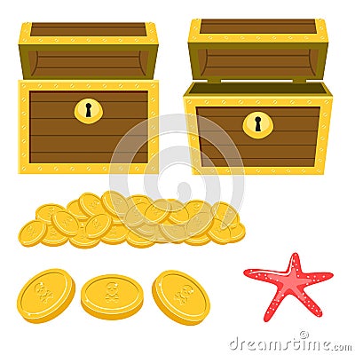 Dower chest isolated cartoon icons and pile of gold coins. Vector Illustration