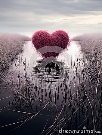 Down heart in the middle of a ditch around dry grass. Heart as a symbol of affection and Stock Photo