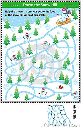 Down the snow hill with snowman maze game Vector Illustration