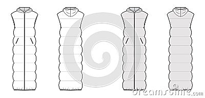 Down vest puffer waistcoat technical fashion illustration with sleeveless, hoody collar, zip-up closure, maxi length Vector Illustration