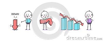 Downfall chart and downward arrow movement. Cartoon doodle man, cute people. Down arrow Vector Illustration