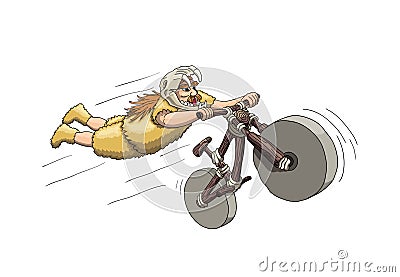 Downhill Mountain Biker from Primal Era. Freeriding Making Superman Stunt on Downhill Bike in Sabertooth Skull Helmet Vector Illustration