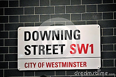 Downing Street sign stock photo in the City of Westminster in London England Editorial Stock Photo